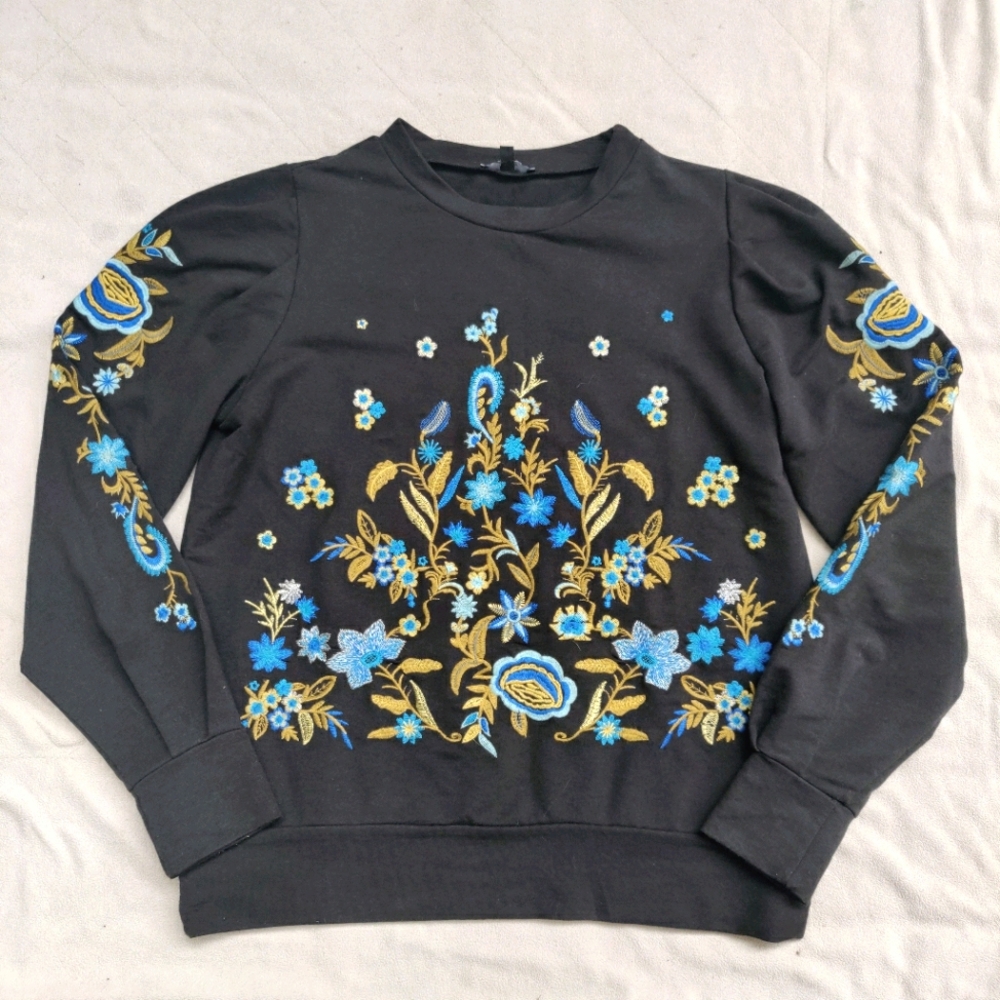 Drew Floral Boho Embroidered Pullover Sweatshirt Black Size Small
